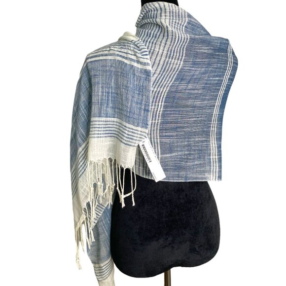 Simen Accessories - NWT Simen Womens Blue and White Stripe Fringed Scarf One Size